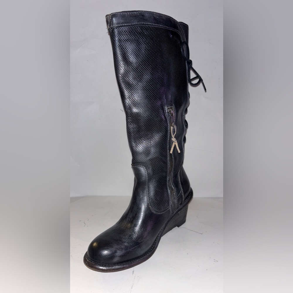 BED STU Empress Wedge Heel Leather Boots Distressed Black‎ Women 8 Lace Back